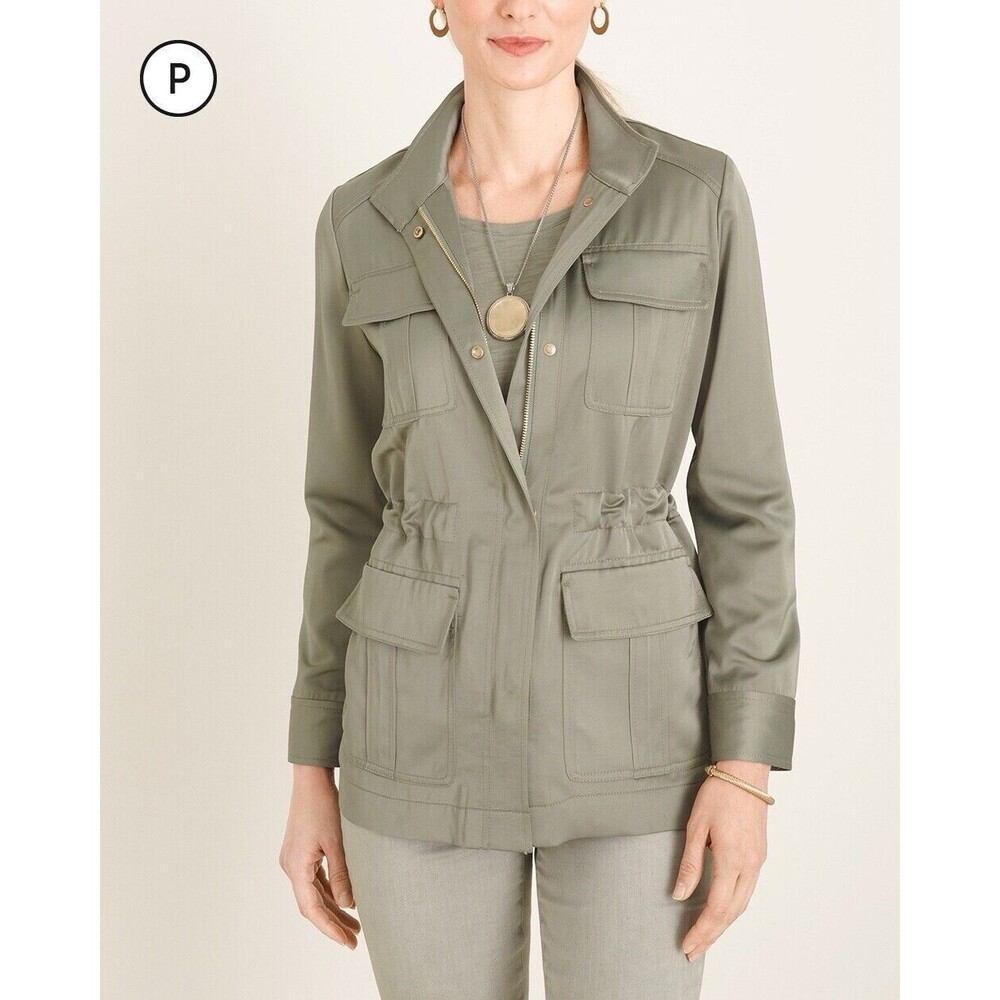 Chicos 2 Satin Sheer Soft Utility Jacket Deep Olive Size 12/14 Snap Front Safari